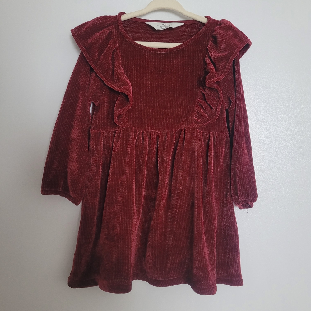 🧸2/20$ H&M Girls 3T Burgundy Red Velvet Ruffle Dress Baby Toddler Girl